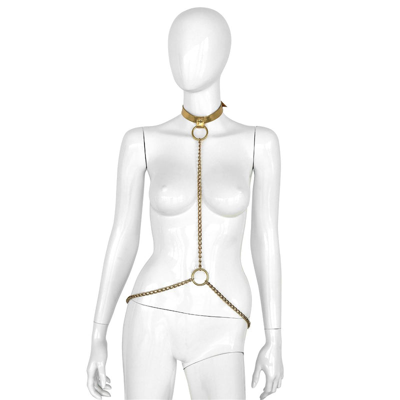 Kiotos - Collier - Collier en cuir doré avec chaînes dorées - Réglable - Erotiekvoordeel.nl