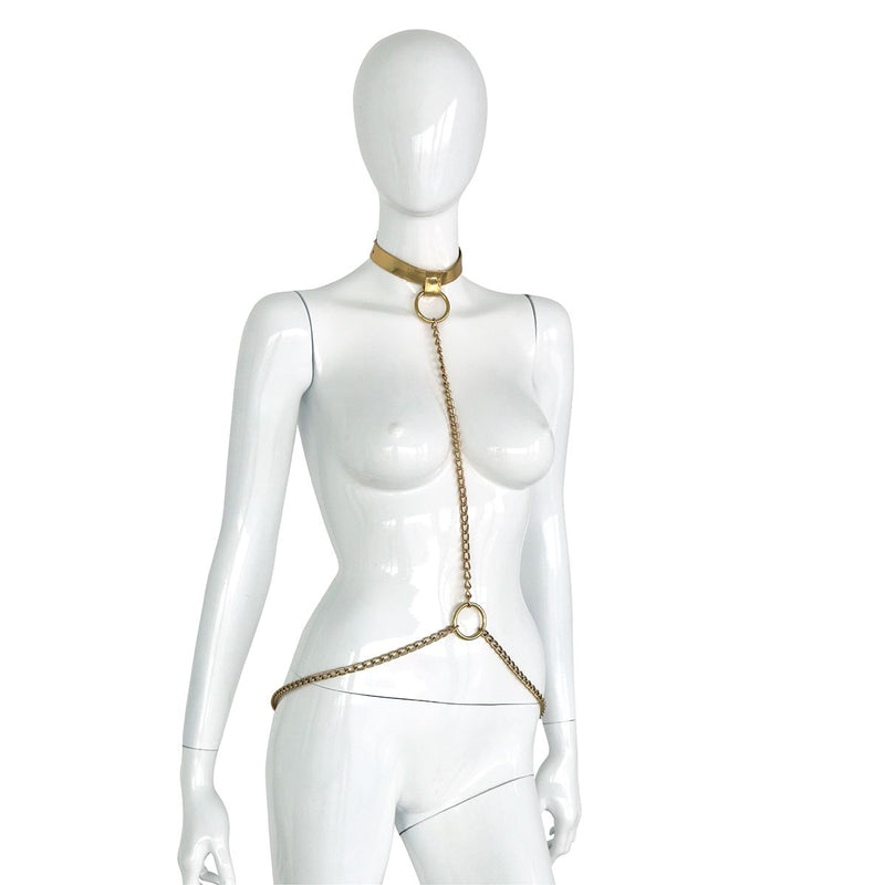 Kiotos - Collier - Collier en cuir doré avec chaînes dorées - Réglable - Erotiekvoordeel.nl