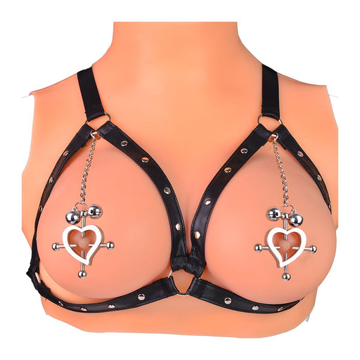 Kiotos - Heart-Shaped Nipple Clamps with Jingle Bells and PU Leather Bra Harness - Erotiekvoordeel.nl