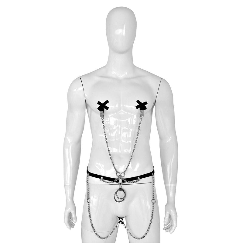 Kiotos Leather - Body Harnas - Leren Riemen Body - Heupriem met Klemmen voor Tepels en Geslachtsdeel - Verstelbaar-Erotiekvoordeel.nl