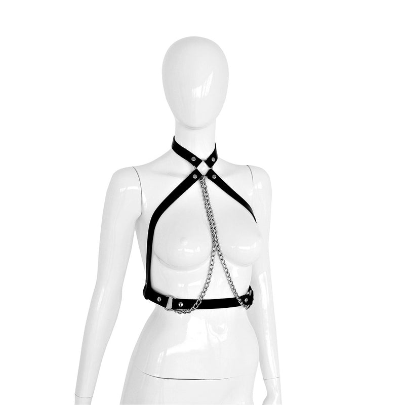 Kiotos Leather - Body Harnas - Leren Riemen Body met Zilveren Ketting - Verstelbaar - Zwart Zilver-Erotiekvoordeel.nl