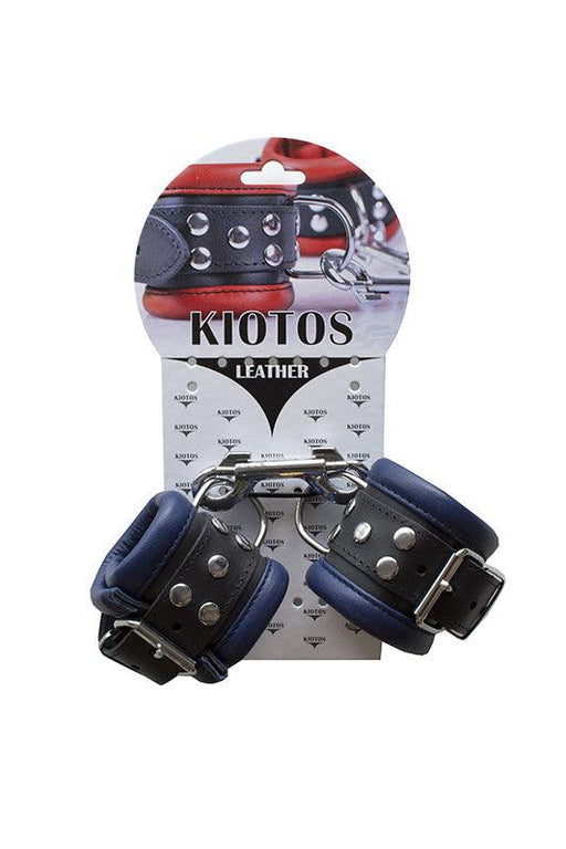 Kiotos Leather - Leren handboeien 6.5 cm Breed Gevoerd - Zwart/Blauw-Erotiekvoordeel.nl