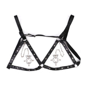 Kiotos - Leather Open Bra with Round Adjustable Nipple Clamps with Bells - Erotiekvoordeel.nl