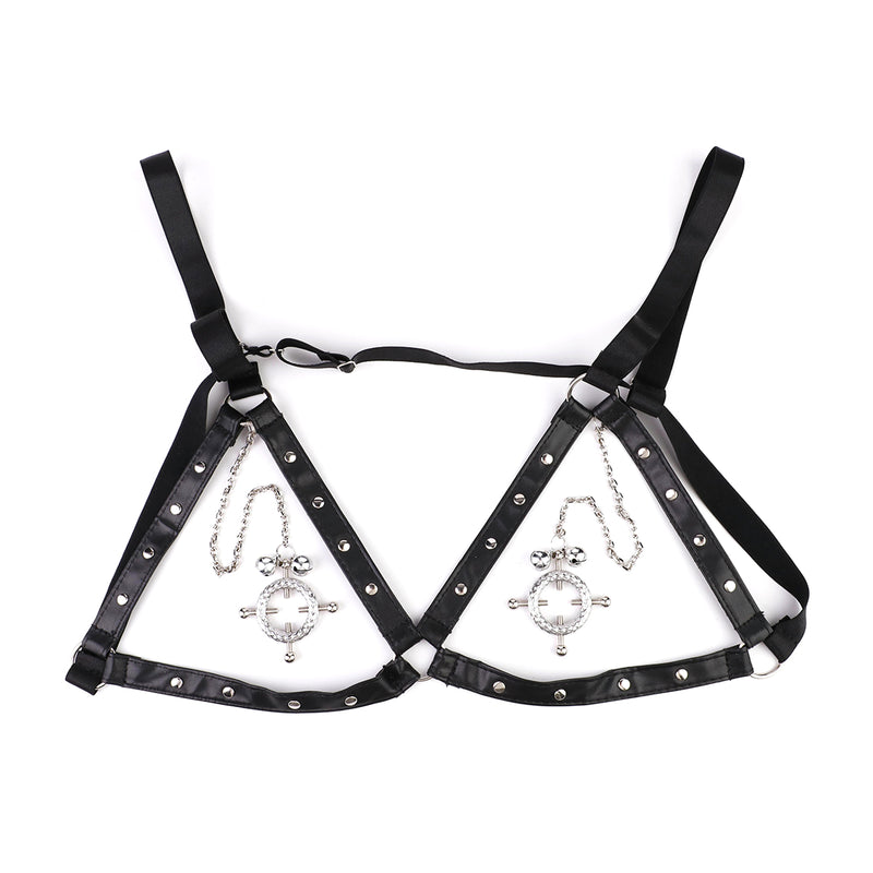 Kiotos - Leather Open Bra with Round Adjustable Nipple Clamps with Bells - Erotiekvoordeel.nl