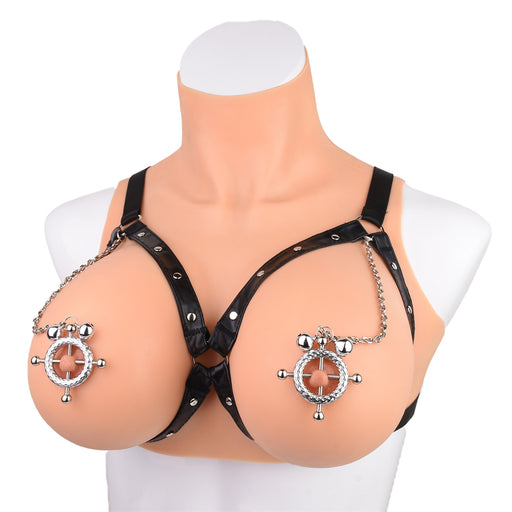 Kiotos - Leather Open Bra with Round Adjustable Nipple Clamps with Bells - Erotiekvoordeel.nl