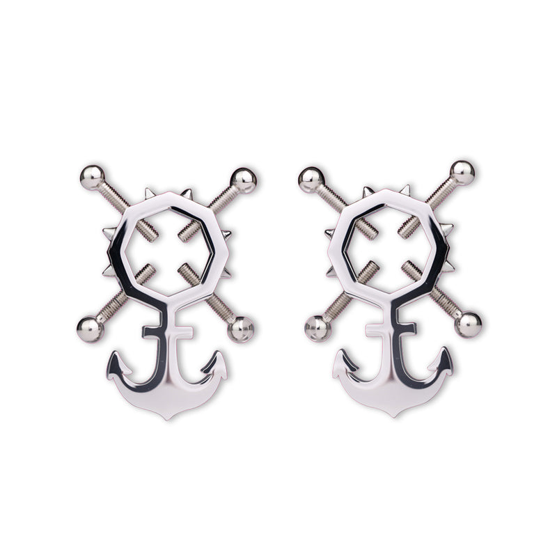 Kiotos - Reggiseno aperto in pelle con pinze per capezzoli regolabili con ciondolo a forma di ancora e campanellini - Erotiekvoordeel.nl