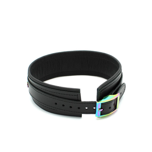 Kiotos - Collier en cuir haut de gamme - Accessoires métalliques aux couleurs licorne - Noir/Arc-en-ciel - Erotiekvoordeel.nl