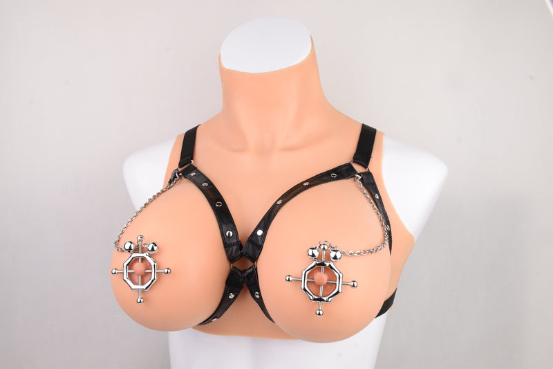 Kiotos - Hexagonal Nipple Clamps with Tinkling Bells and PU Leather Bra Harness - Erotiekvoordeel.nl