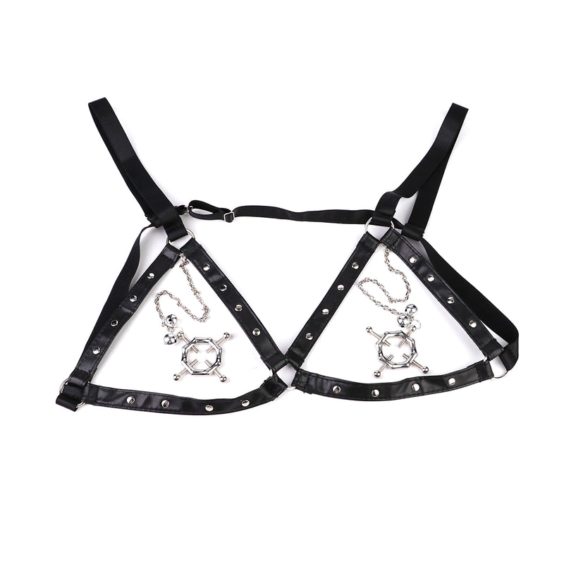 Kiotos - Hexagonal Nipple Clamps with Tinkling Bells and PU Leather Bra Harness - Erotiekvoordeel.nl