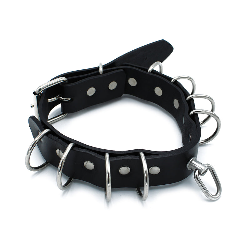 Kiotos - Schwarzes Lederhalsband mit mehreren D-Ringen - Erotiekvoordeel.nl