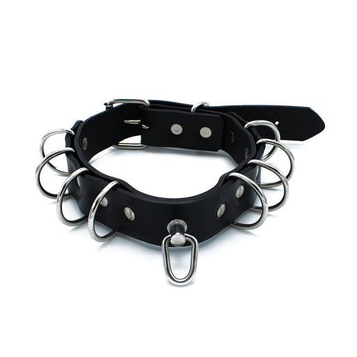 Kiotos - Schwarzes Lederhalsband mit mehreren D-Ringen - Erotiekvoordeel.nl