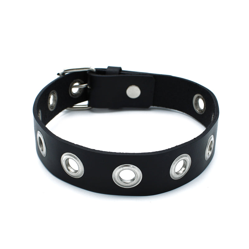 Kiotos - Black Leather Slim Collar with Multi-Metal Eyelets - Erotiekvoordeel.nl