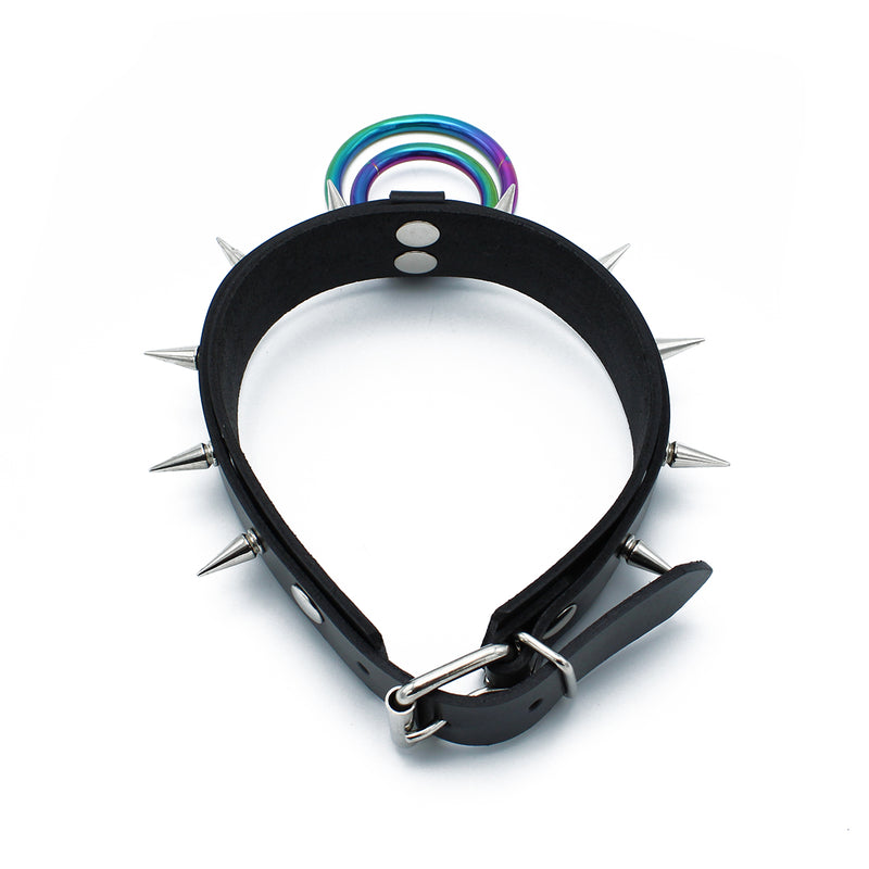 Kiotos - Collier à pointes en cuir noir avec double anneau arc-en-ciel - Erotiekvoordeel.nl