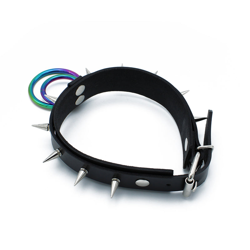 Kiotos - Collier à pointes en cuir noir avec double anneau arc-en-ciel - Erotiekvoordeel.nl