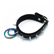 Kiotos - Collier à pointes en cuir noir avec double anneau arc-en-ciel - Erotiekvoordeel.nl
