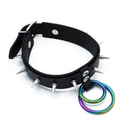 Kiotos - Collier à pointes en cuir noir avec double anneau arc-en-ciel - Erotiekvoordeel.nl