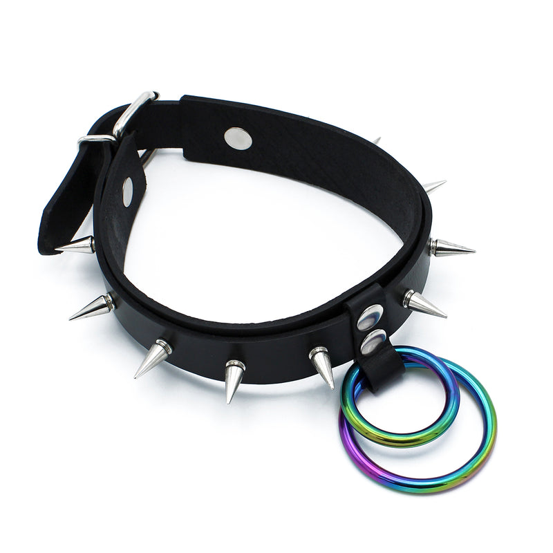 Kiotos - Collier à pointes en cuir noir avec double anneau arc-en-ciel - Erotiekvoordeel.nl