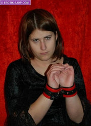 Laced-Up - Leather Collar or Wrist Cuffs - Leather wrist cuffs and collar in one. Red with black details, 5 cm wide - Erotiekvoordeel.nl