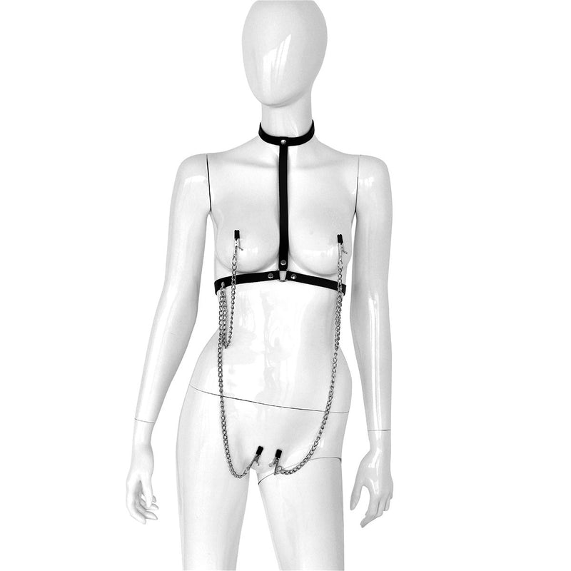 Kiotos - Lederen Collar Chest met 4 Clamps - Dé Ultieme Sensatie voor BDSM Liefhebbers!-Erotiekvoordeel.nl