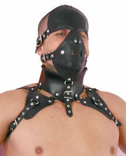Ledapol - Bruut Lederen Hoofdmasker met Gag en Schouderstukken - Zwart-Erotiekvoordeel.nl