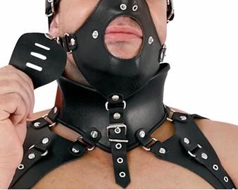 Ledapol - Bruut Lederen Hoofdmasker met Gag en Schouderstukken - Zwart-Erotiekvoordeel.nl