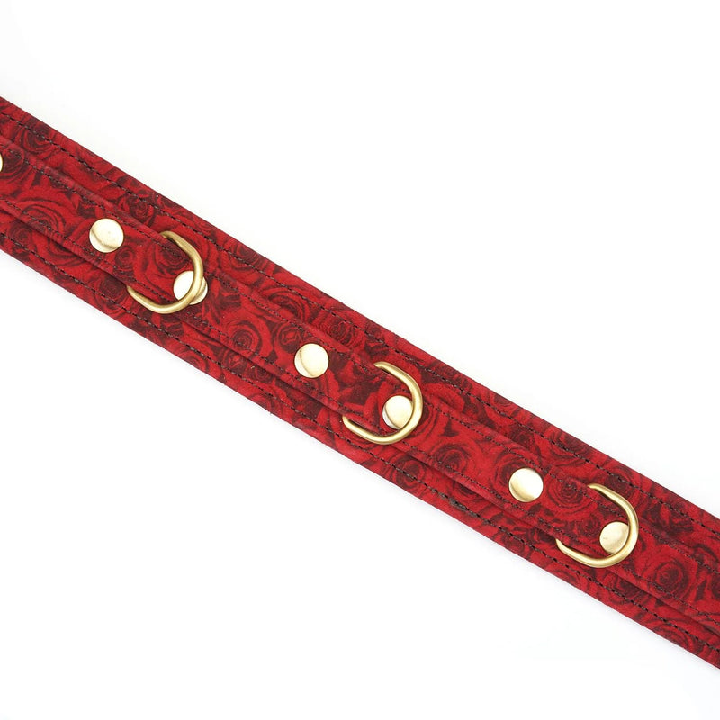 Liebe Seele - Kinbaku Ukiyoe - Lamslederen Collar met Leash - Rood met Zwarte Rozen Print - Iets Héél Bijzonders! - Import uit Japan-Erotiekvoordeel.nl