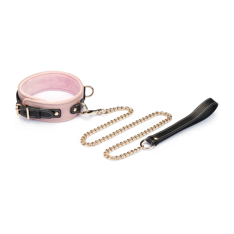 Liebe Seele - Handfesseln, Halsband und Leine - italienisches Leder - Plüschfutter - Hellrosa/Schwarz - Rosa-Erotiekvoordeel.nl