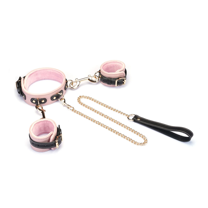 Liebe Seele - Handfesseln, Halsband und Leine - italienisches Leder - Plüschfutter - Hellrosa/Schwarz - Erotiekvoordeel.nl
