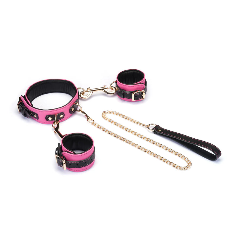 Liebe Seele - Manette, collare e guinzaglio - Pelle italiana - Fodera in peluche - Rosa/Nero - Erotiekvoordeel.nl