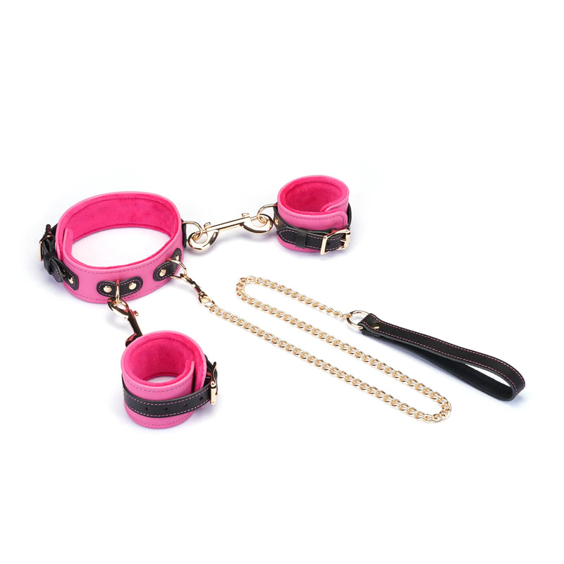 Liebe Seele - Manette, collare e guinzaglio - Pelle italiana - Fodera in peluche - Rosa/Nero - Erotiekvoordeel.nl