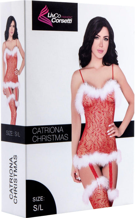 LivCo - Catriona Christmas - Body met Kousen - One Size - Rood/Wit-Erotiekvoordeel.nl