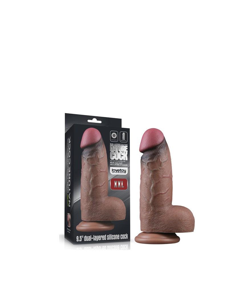 LoveToy - Dubbellaagse Siliconen Dildo XXL - Lengte 24.6 cm - Diameter 7 cm - Bruin-Erotiekvoordeel.nl
