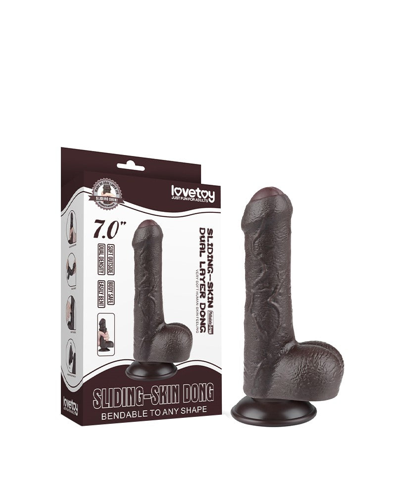 LoveToy - Dubbellaags Sliding Skin Dildo - 18,3 cm x Ø 3,5 cm - Bruin-Erotiekvoordeel.nl