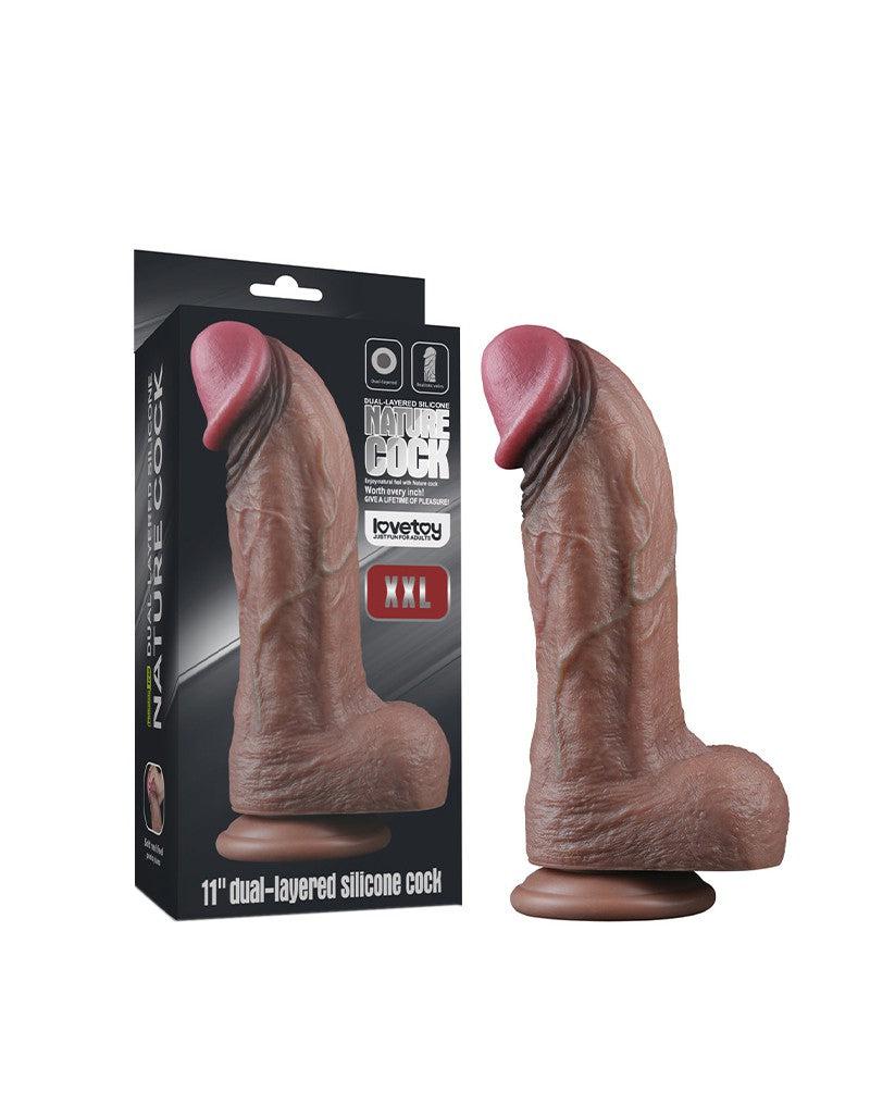LoveToy - Gode en silicone double couche XXL - Longueur 28 cm - Diamètre 7,4 cm - Marron-Erotiekvoordeel.nl