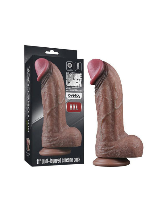 LoveToy - Gode en silicone double couche XXL - Longueur 28 cm - Diamètre 7,4 cm - Marron-Erotiekvoordeel.nl