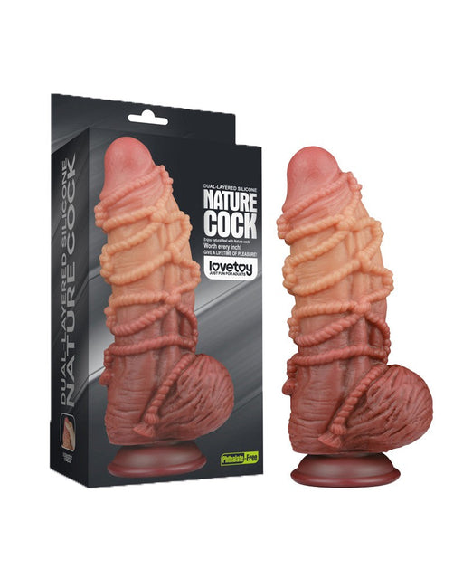 LoveToy - Dildo XXL Extreme con motivo a corda - Lunghezza 24 cm - Marrone/Colore della pelle chiaro - Erotiekvoordeel.nl