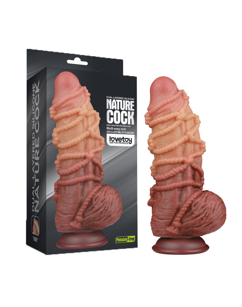 LoveToy - XXL Extreme Dildo met Touw Motief - Lengte 24 cm - Bruin/Lichte Huidskleur-Erotiekvoordeel.nl