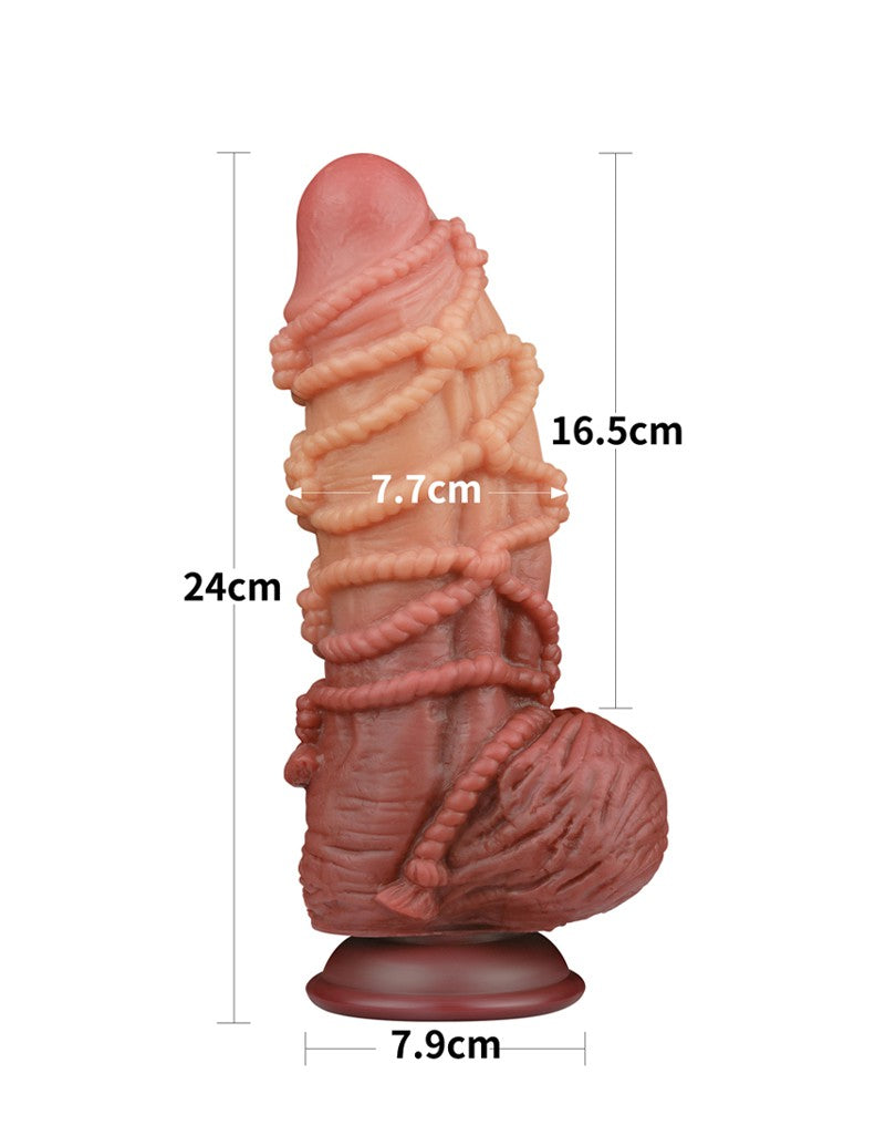 LoveToy - XXL Extreme Dildo met Touw Motief - Lengte 24 cm - Bruin/Lichte Huidskleur-Erotiekvoordeel.nl