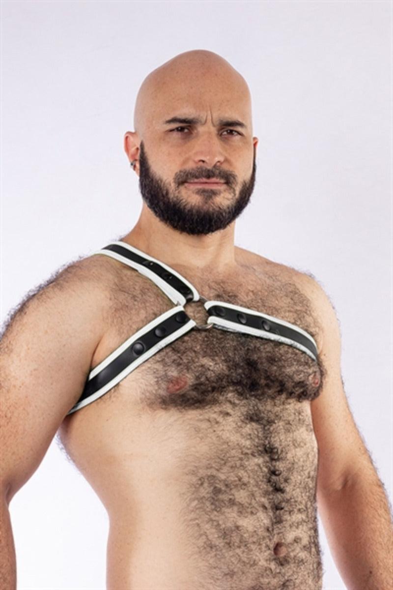 Mister B - Uprząż - Uprząż Trójkątna Z Neoprenu - Czarno-biała - Rozmiar L/XL - Erotiekvoordeel.nl