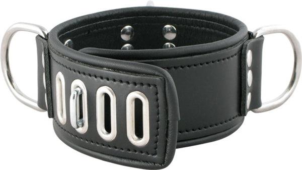 Mister B - Raues Halsband - Verschließbares Lederhalsband mit 3 D-Ringen - Verstellbar - Schwarz - Größe Small - Erotiekvoordeel.nl