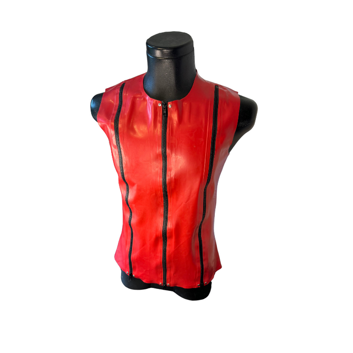 Peter Domenie - Latex Herenshirt Mouwloos - Rood met Zwarte Striping - Maat L-Erotiekvoordeel.nl