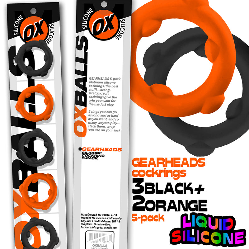 Oxballs - Gearheads - Spinner Cockringen Set - 5 stuks - Oranje/Zwart-Erotiekvoordeel.nl