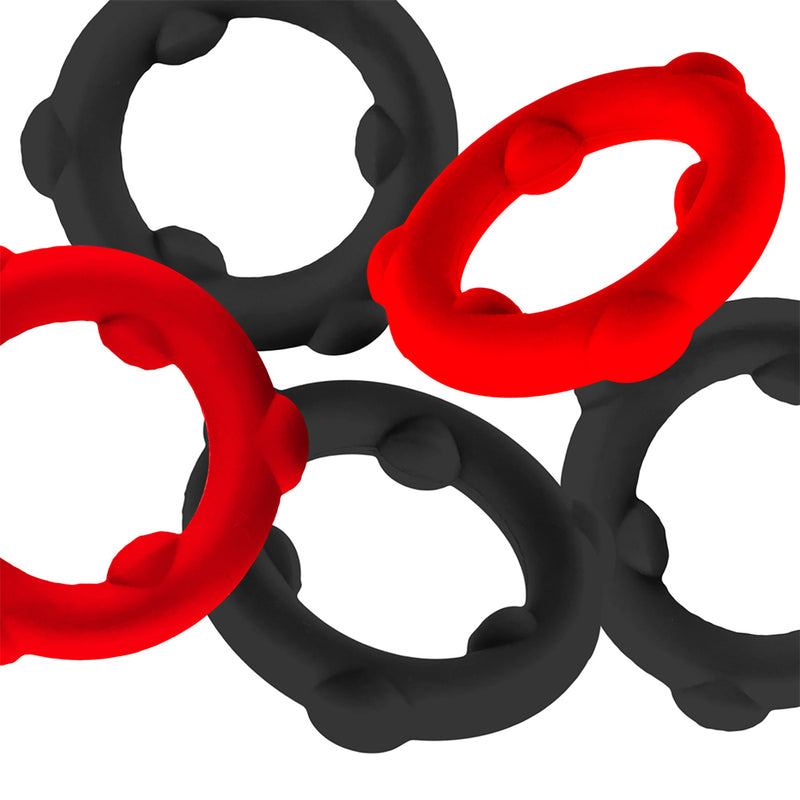 Oxballs - Gearheads - Set di anelli fallici Spinner - 5 pezzi - Rosso/Nero-Erotiekvoordeel.nl