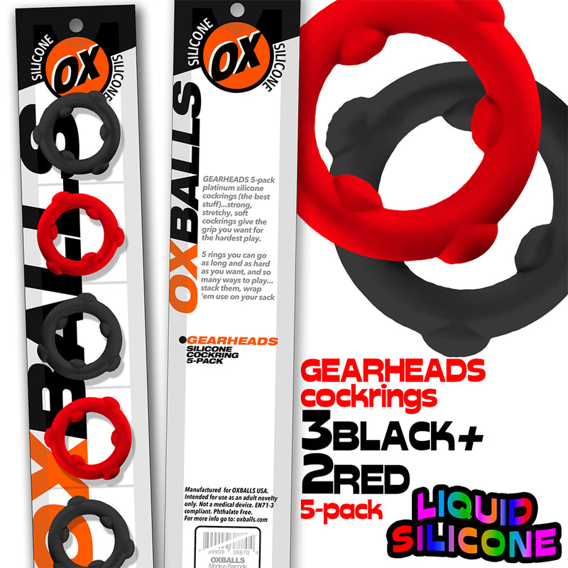 Oxballs - Gearheads - Set di anelli fallici Spinner - 5 pezzi - Rosso/Nero-Erotiekvoordeel.nl