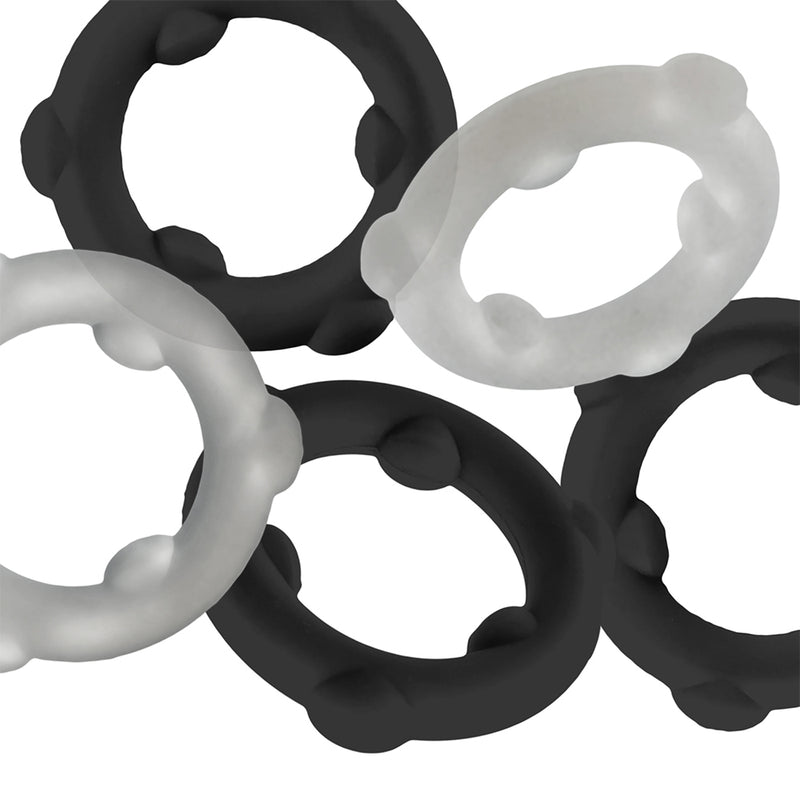 Oxballs - Gearheads - Spinner Cockringen Set - 5 stuks - Transparant/Zwart-Erotiekvoordeel.nl