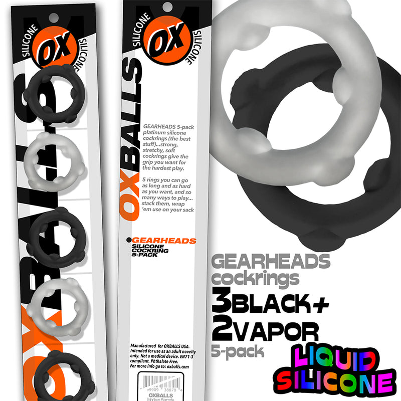 Oxballs - Gearheads - Spinner Cockringen Set - 5 stuks - Transparant/Zwart-Erotiekvoordeel.nl