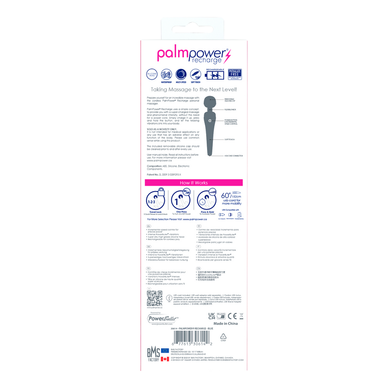 PalmPower - Recharge Wand Massager - Flexibele Kop - Blauw/Zwart-Erotiekvoordeel.nl