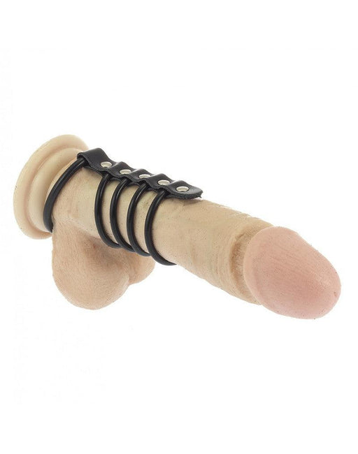 Rimba - Ball Stretcher and Rubber Penis Rings (5 pieces) with Leather Strap - Diameter 50 and 40 mm - Erotiekvoordeel.nl
