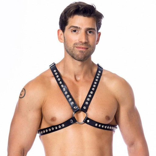 Rimba Bondage Play - Arnés para el pecho con correas de cuero - Decorado con tachuelas - Negro-Erotiekvoordeel.nl
