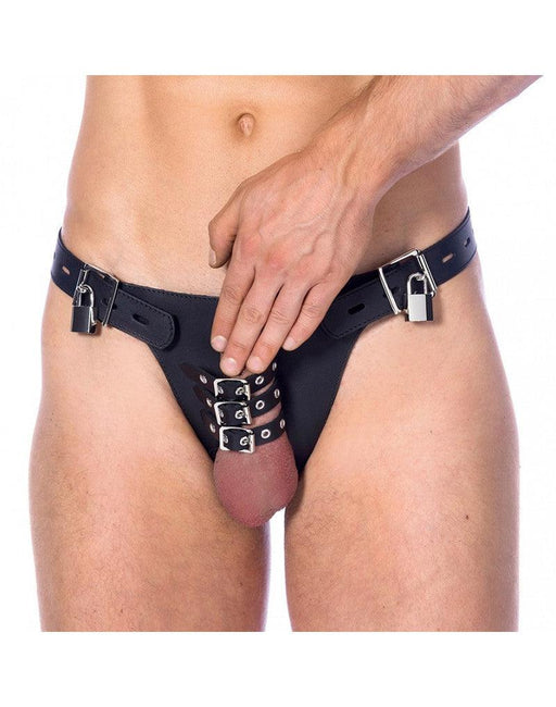 Rimba Bondage Play - Cintura di castità - Slip di castità in vera pelle da finimenti con 2 lucchetti - Regolabile - Nero-Erotiekvoordeel.nl